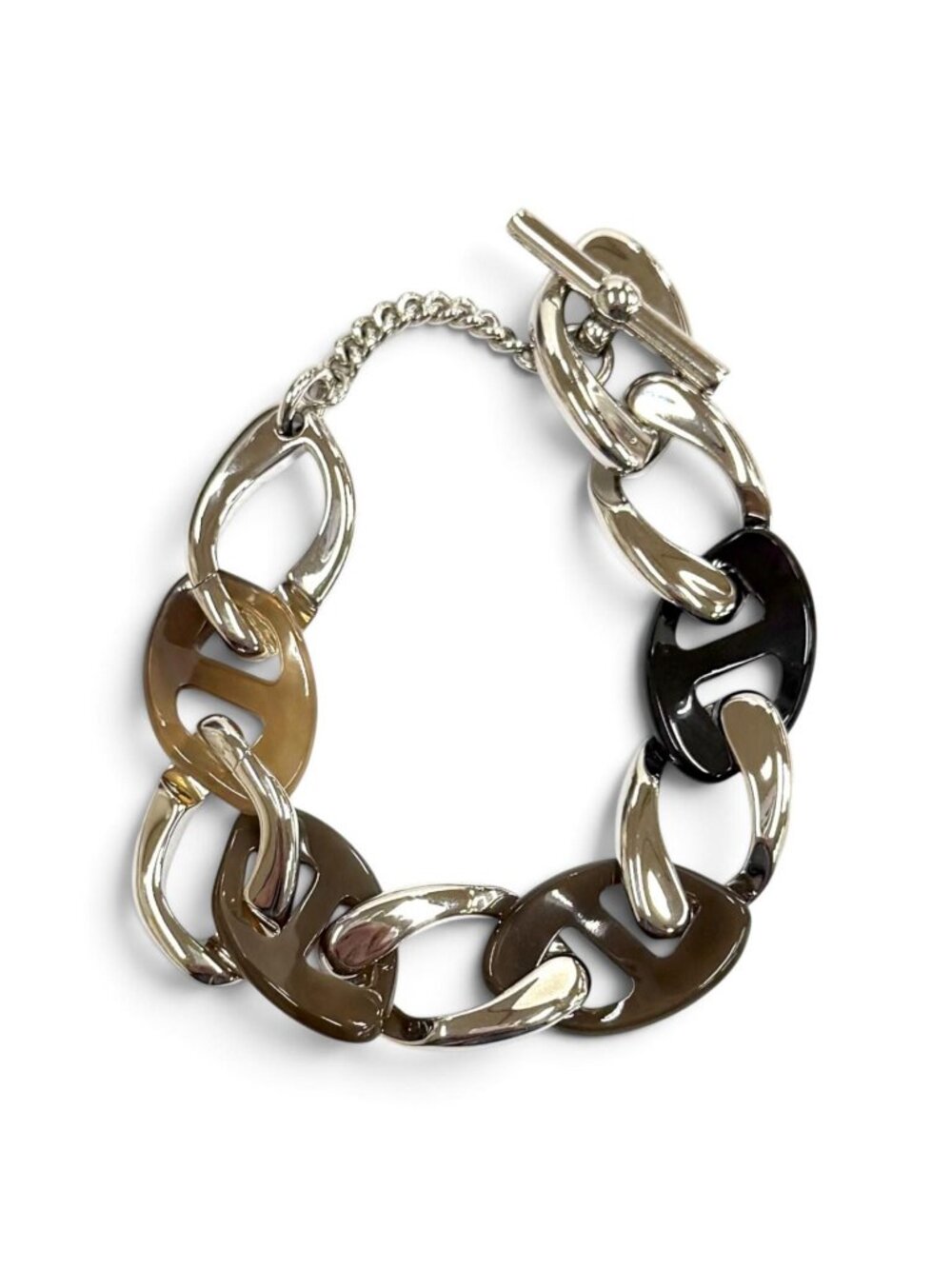 Hermes Chaine H Buffalo Horn Bracelet Silver Brown T2